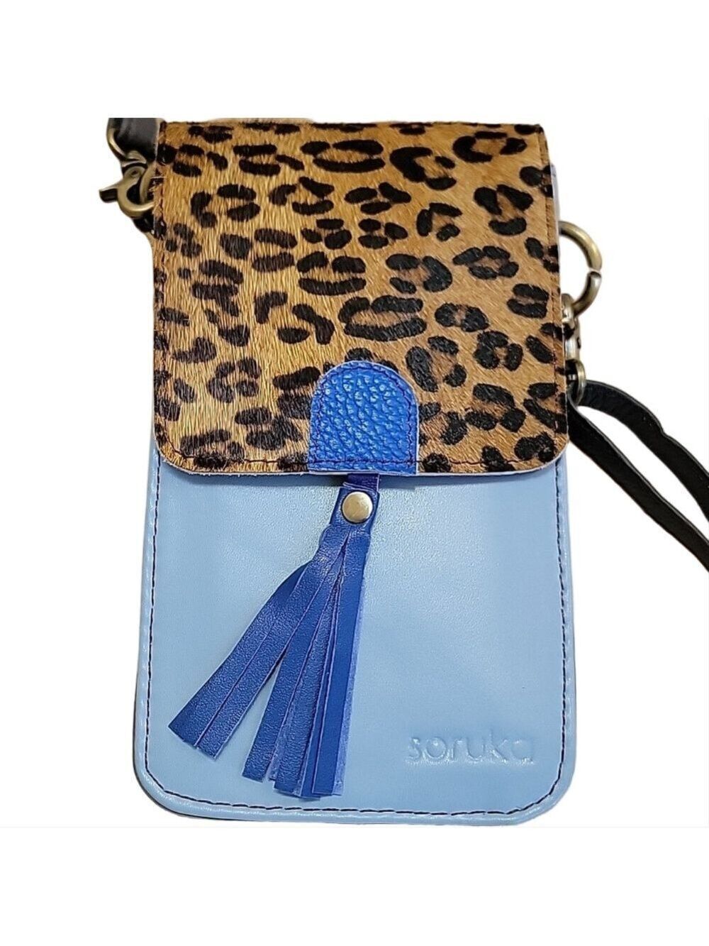 Soruka Gia Blue & Leopard Print Upcycled Leather Crossbody Bag OOAK NWT